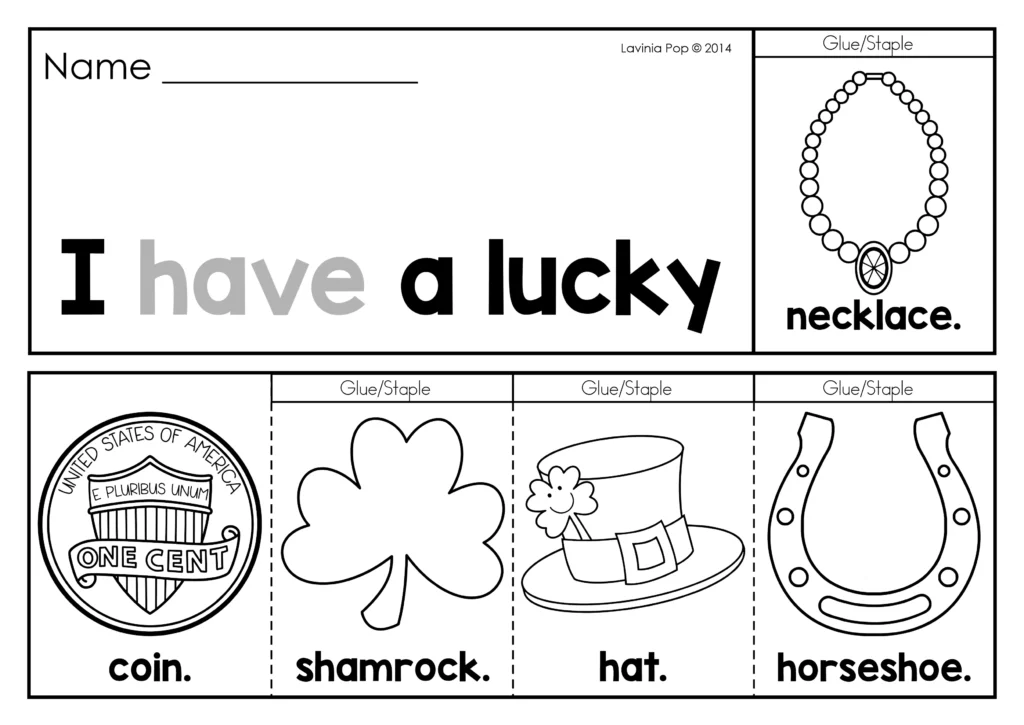 St. Patrick’s Day Sight Word Fluency Flip Books black and white booklet with sentence I have a lucky necklace and picture cards coin, shamrock, hat, horseshoe