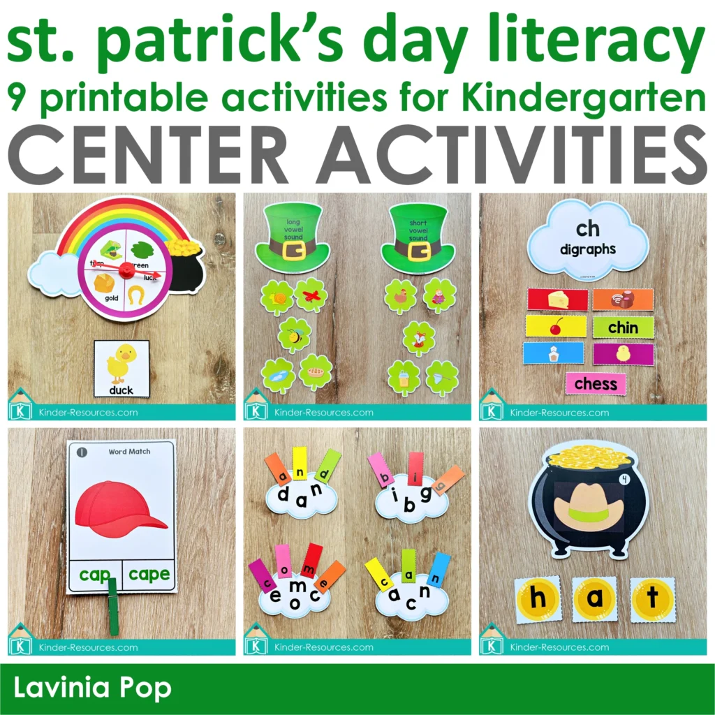 St. Patrick’s Day Literacy Centers for Kindergarten March Morning Tubs with 9 printable center activities including syllables, digraphs, blends, CVC words, and vowel sorts.
