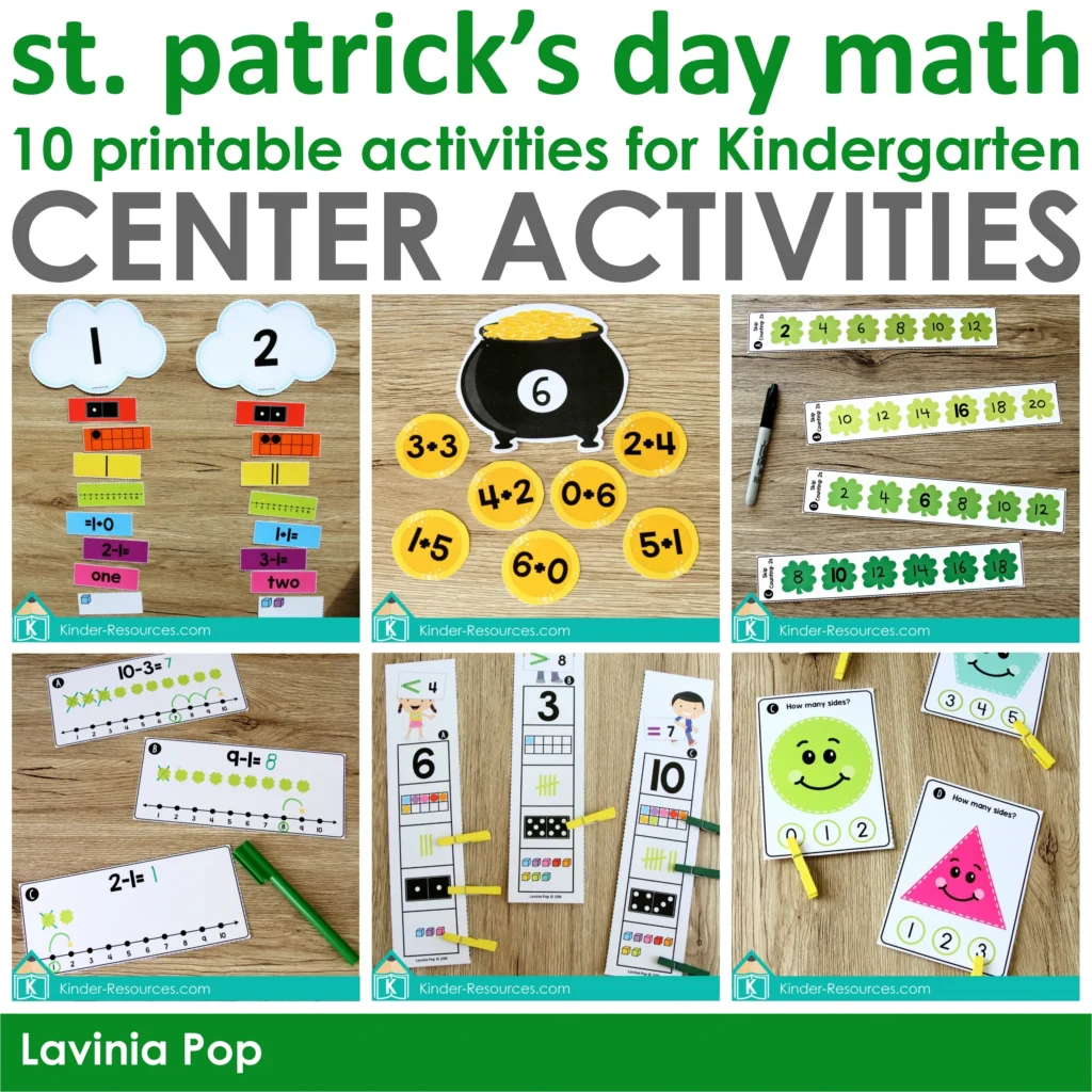 St. Patrick’s Day Math Centers for Kindergarten with tally clip cards, addition to 20, subtraction number lines, skip counting by 2, number match, patterns, 2D shapes, and telling time center activities