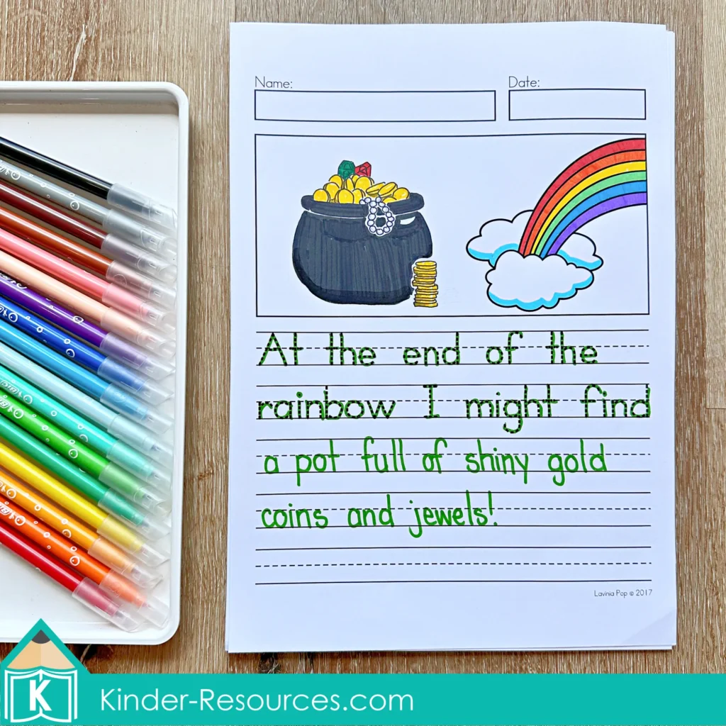 March Writing Journal Prompts rainbow pot of gold narrative writing worksheet with sentence example about treasure