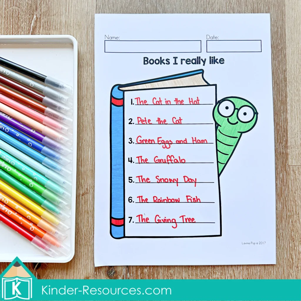 March Writing Journal Prompts list writing worksheet where students list favorite books with illustrated book graphic