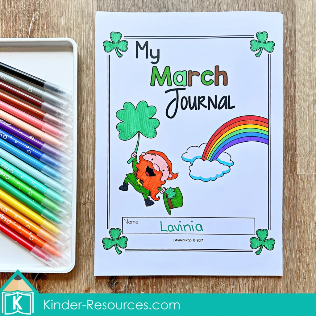 March Writing Journal Prompts journal cover with leprechaun, shamrocks, and rainbow illustration