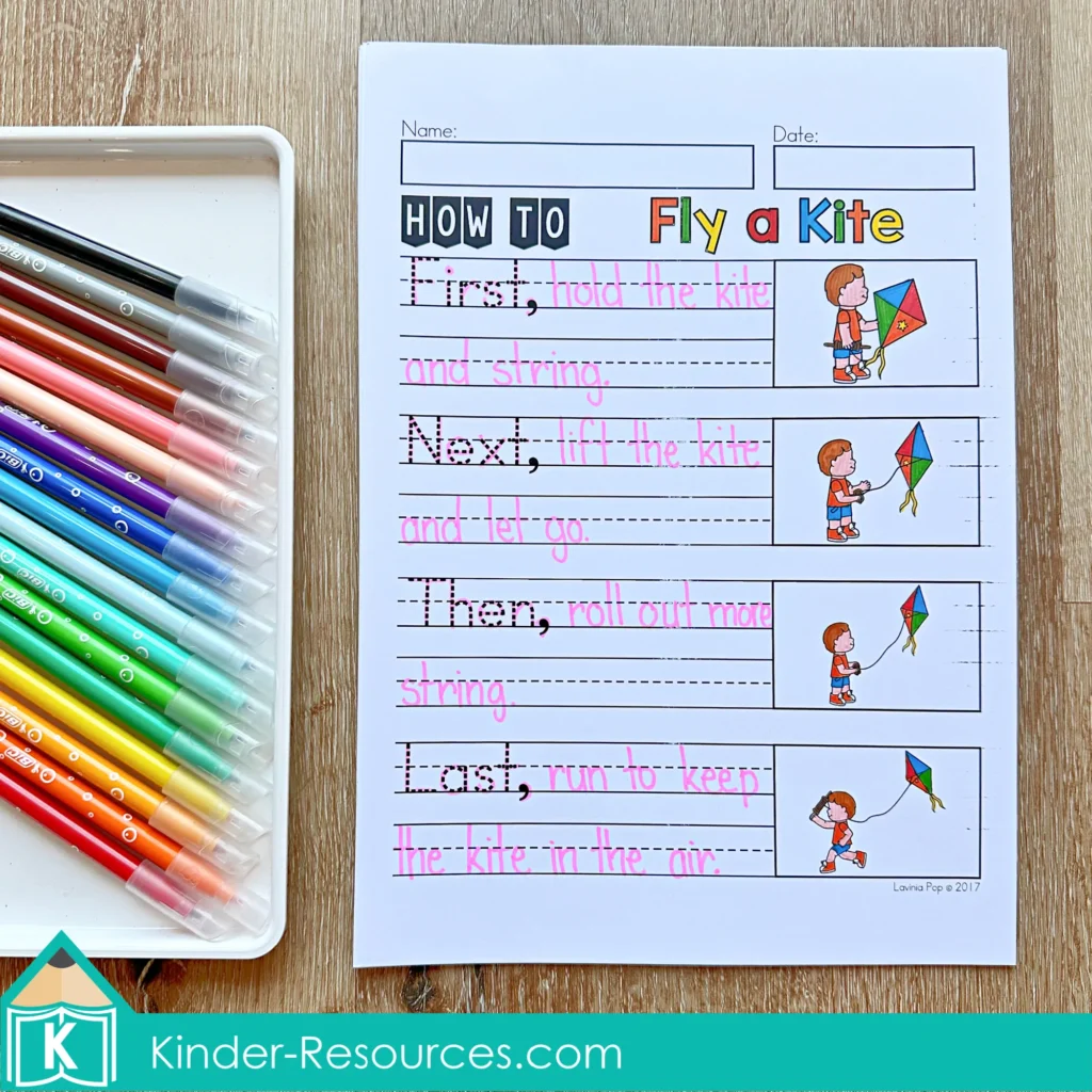 March Writing Journal Prompts procedural writing worksheet showing steps for flying a kite with picture support