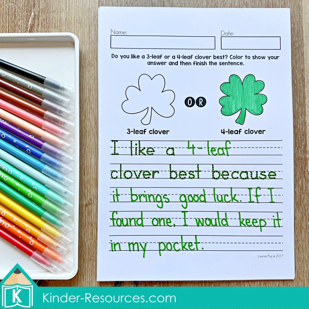 March Writing Journal Prompts opinion writing worksheet comparing 3 leaf and 4 leaf clover with sentence response