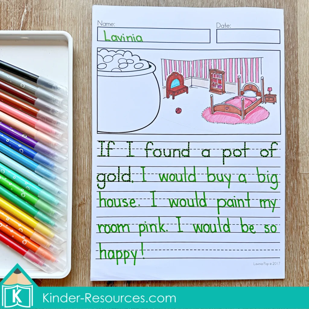 March Writing Journal Prompts narrative writing worksheet about finding a pot of gold with illustrated bedroom scene