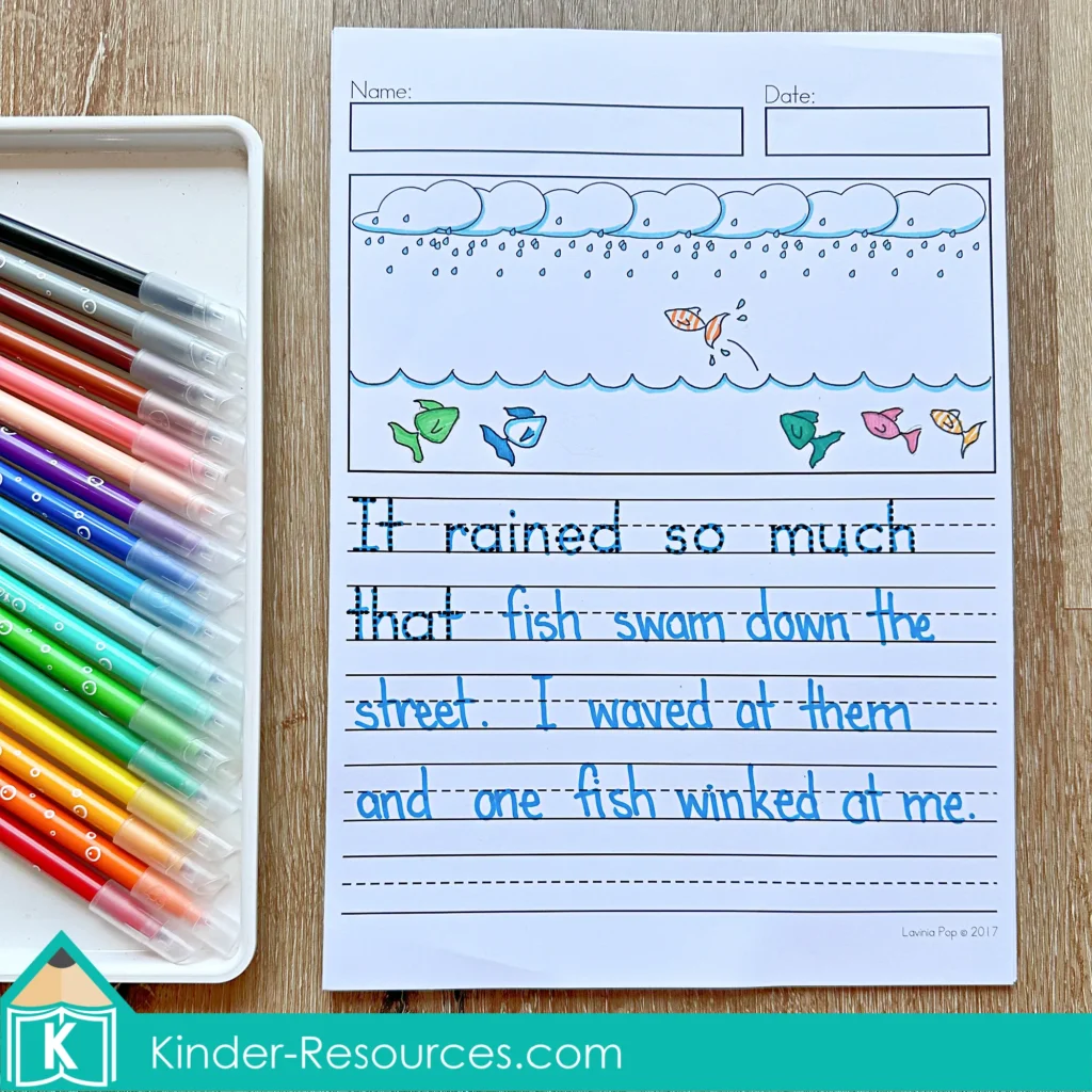 March Writing Journal Prompts creative narrative writing worksheet showing rain and fish swimming illustration