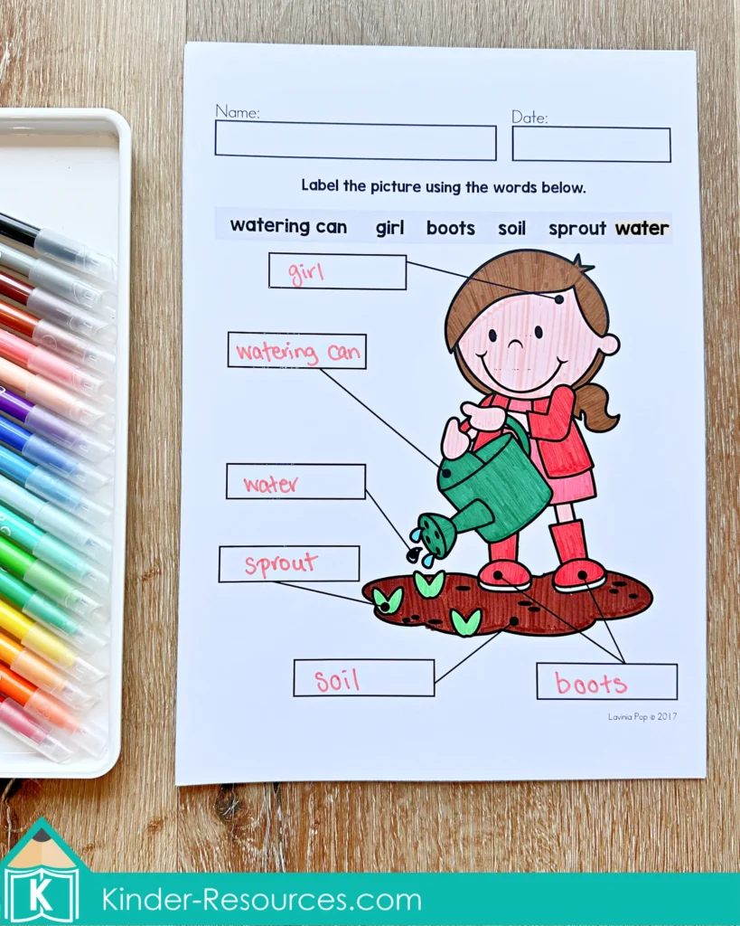 March Writing Journal Prompts draw and label worksheet showing girl watering plant with vocabulary labels
