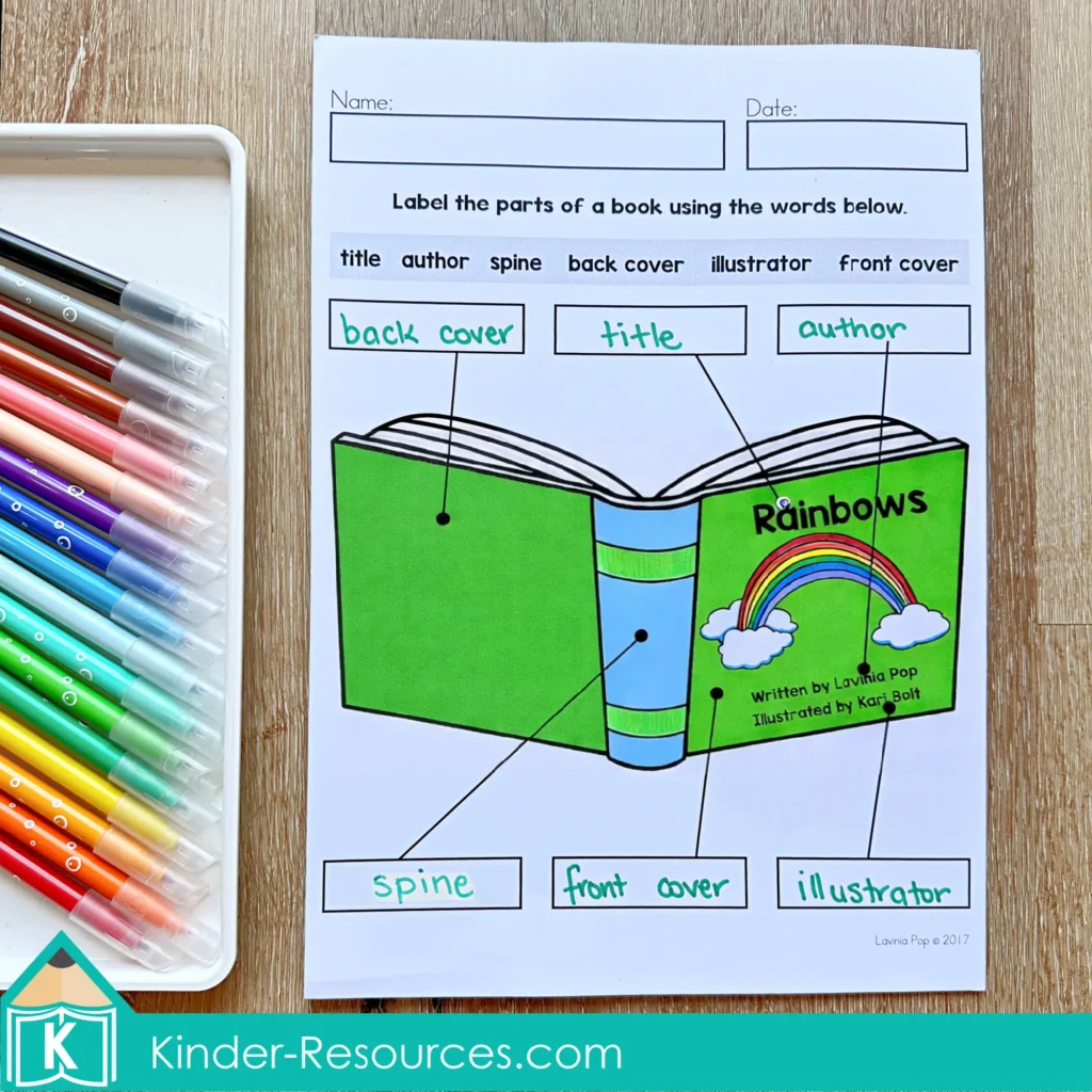 March Writing Journal Prompts labeling worksheet identifying parts of a book including spine, cover, author, and illustrator