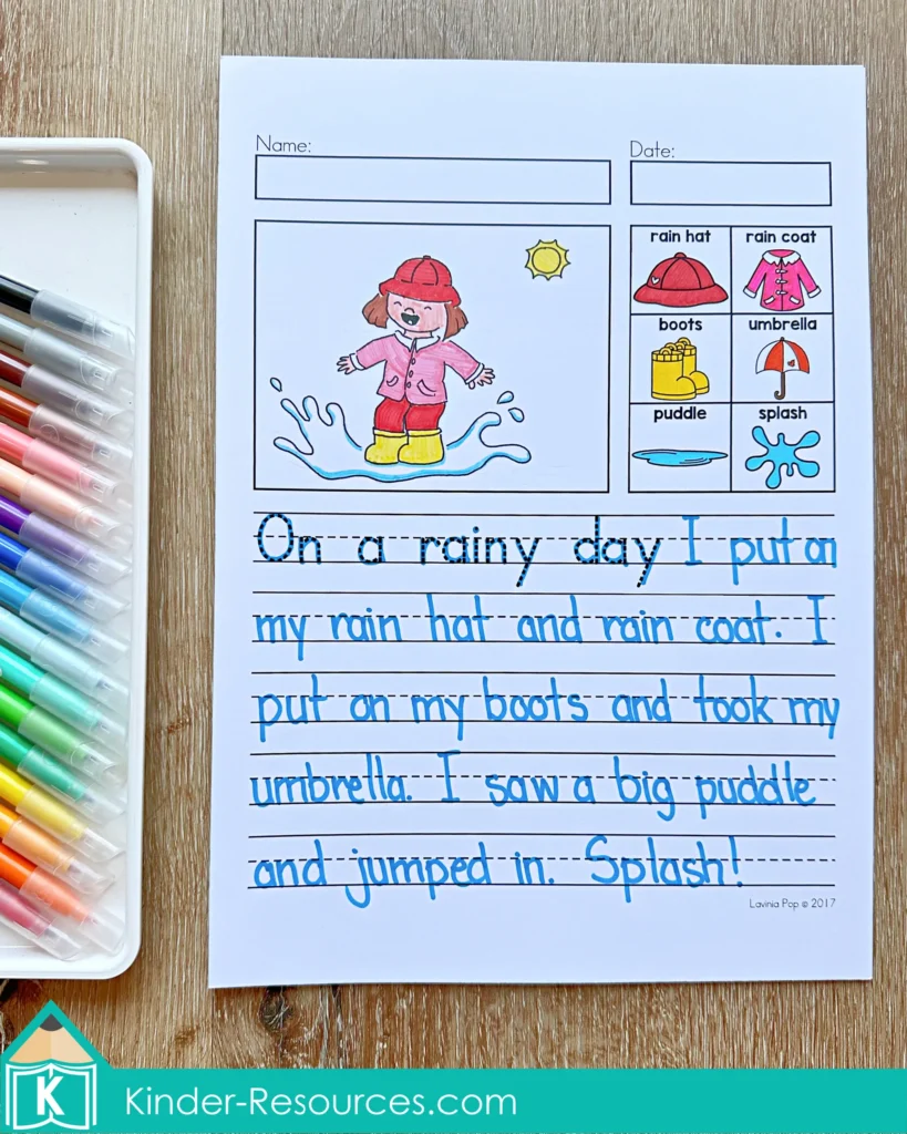 March Writing Journal Prompts rainy day sentence writing worksheet with rain vocabulary and completed example