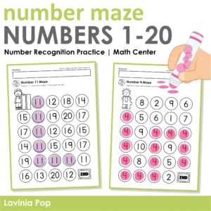 Number Mazes Numbers 1–20 Worksheets for Preschool and Kindergarten number recognition practice and math centers