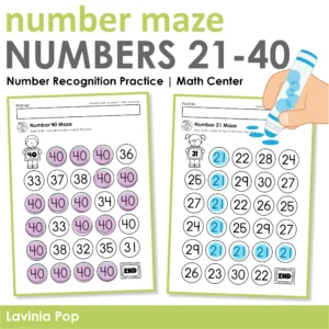 Number Mazes Numbers 21–40 Worksheets printable math activity for Kindergarten and Grade 1 number recognition practice