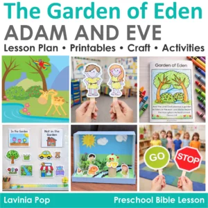 Garden of Eden Preschool Bible Lesson cover with Adam and Eve puppets, diorama, sorting activity, craft, and printable worksheets