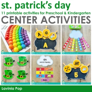 St. Patrick’s Day Centers for Preschool Morning Tubs / Bins printable literacy and math center activities rainbow fine motor letters numbers patterns sight words