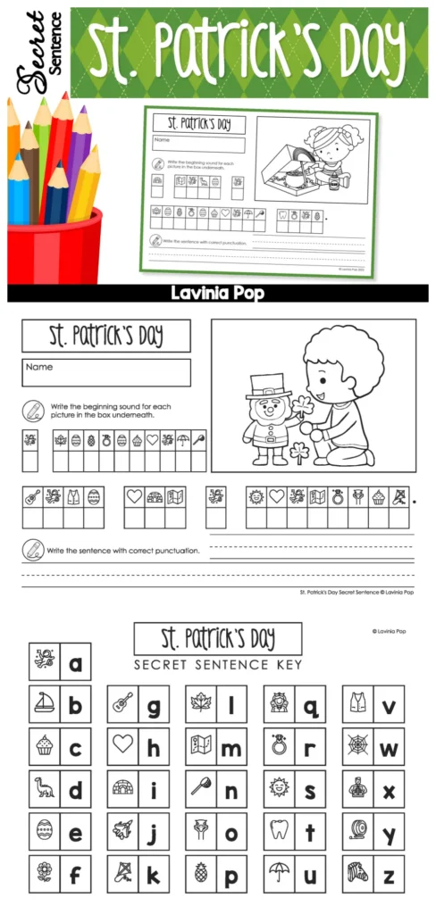St. Patrick’s Day Secret Sight Word Sentence Worksheets featuring boy and leprechaun page with beginning sounds boxes and included alphabet picture key