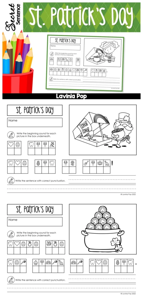 St. Patrick’s Day Secret Sight Word Sentence Worksheets pages showing leprechaun trap scene and pot of gold worksheet with beginning sounds decoding boxes and writing lines
