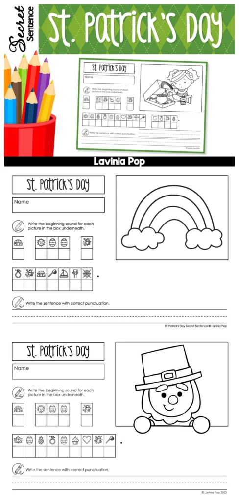 St. Patrick’s Day Secret Sight Word Sentence Worksheets preview showing cover page, rainbow worksheet, and leprechaun beginning sounds mystery sentence activity
