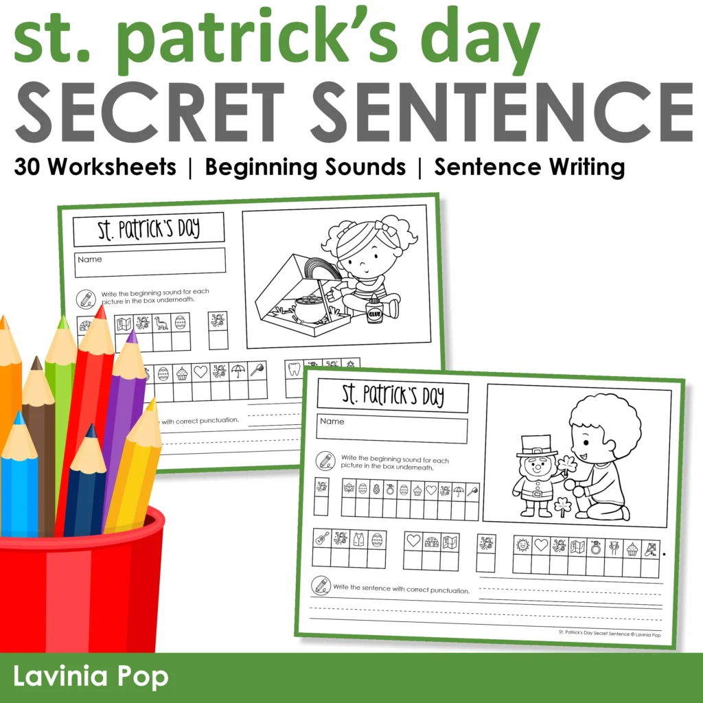 St. Patrick’s Day Secret Sight Word Sentence Worksheets cover showing 30 beginning sounds mystery sentence pages for Kindergarten and Grade 1 literacy centers