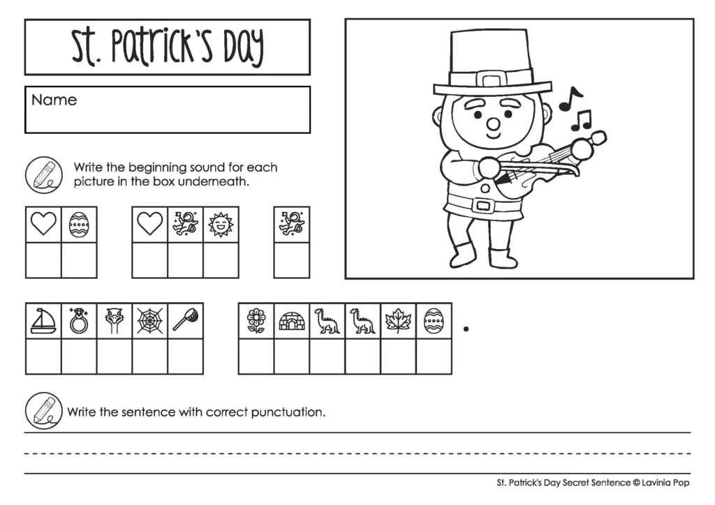 St. Patrick’s Day Secret Sight Word Sentence Worksheets page featuring leprechaun playing instrument with beginning sounds decoding boxes and writing lines