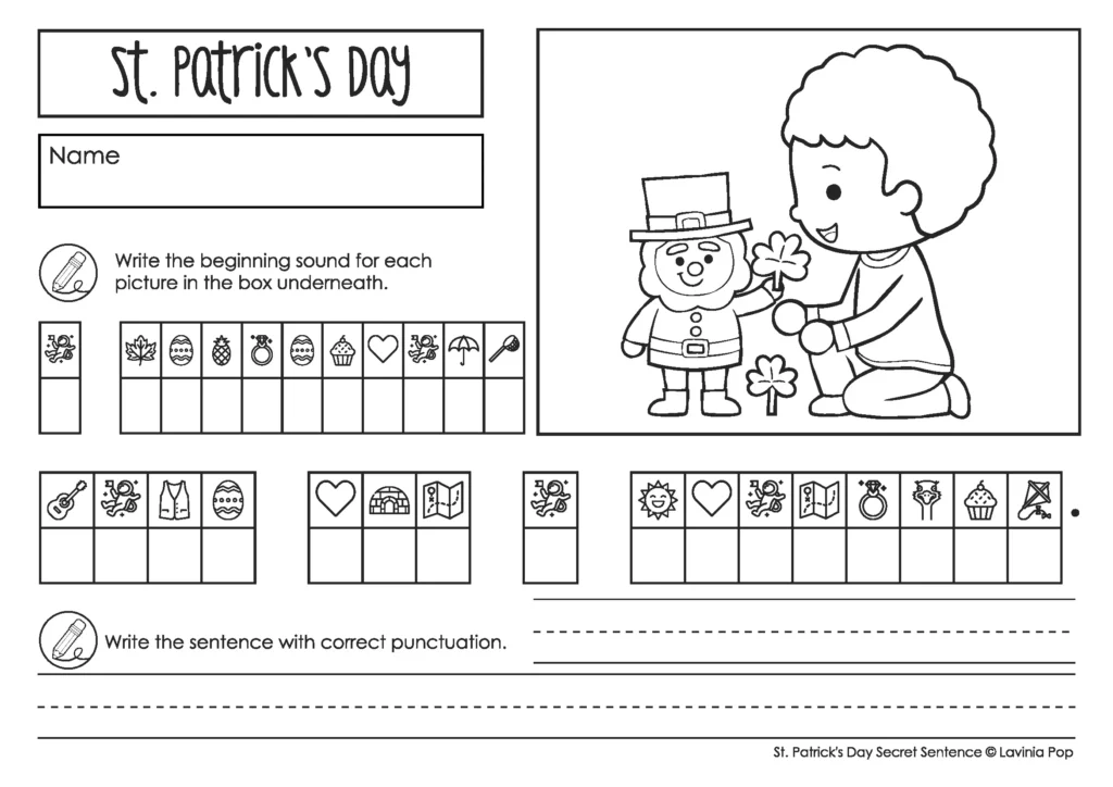 St. Patrick’s Day Secret Sight Word Sentence Worksheets page with boy holding shamrock next to leprechaun and beginning sounds mystery sentence boxes