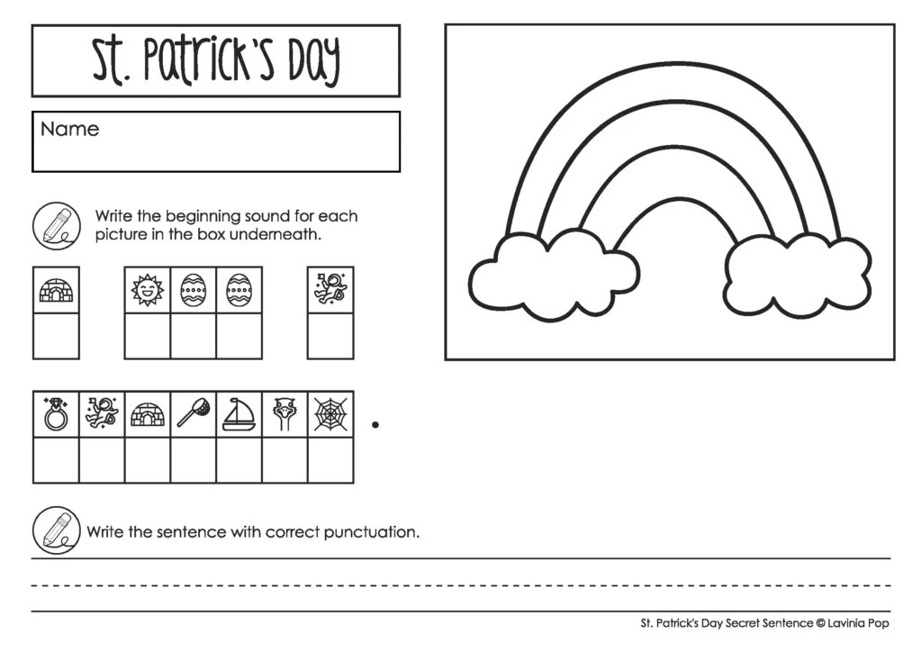 St. Patrick’s Day Secret Sight Word Sentence Worksheets page with rainbow illustration and beginning sounds picture clues for decoding a mystery sentence