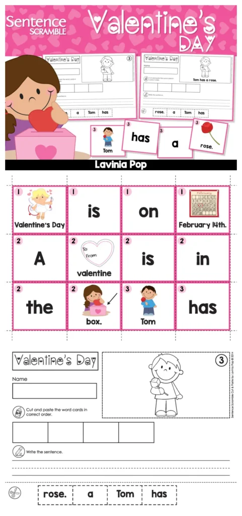 Sentence Scramble Activity Valentine’s Day cut and paste sentence worksheet with rose picture and writing practice