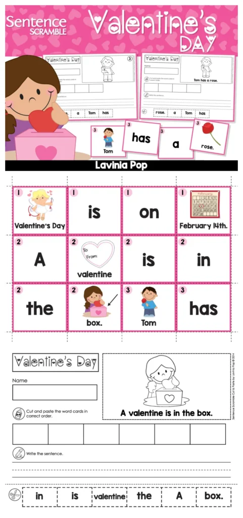 Sentence Scramble Activity Valentine’s Day sentence scramble cards and writing worksheet for kindergarten