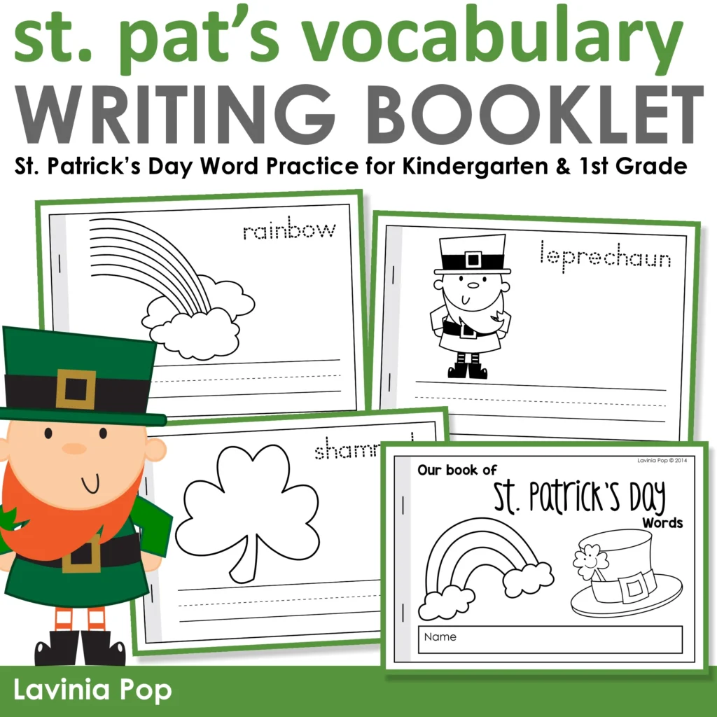 St. Patrick’s Day Vocabulary Booklet student cover page with rainbow and leprechaun hat for March writing centers