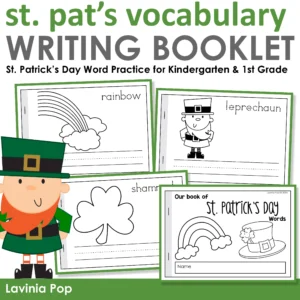 St. Patrick’s Day Vocabulary Booklet student cover page with rainbow and leprechaun hat for March writing centers