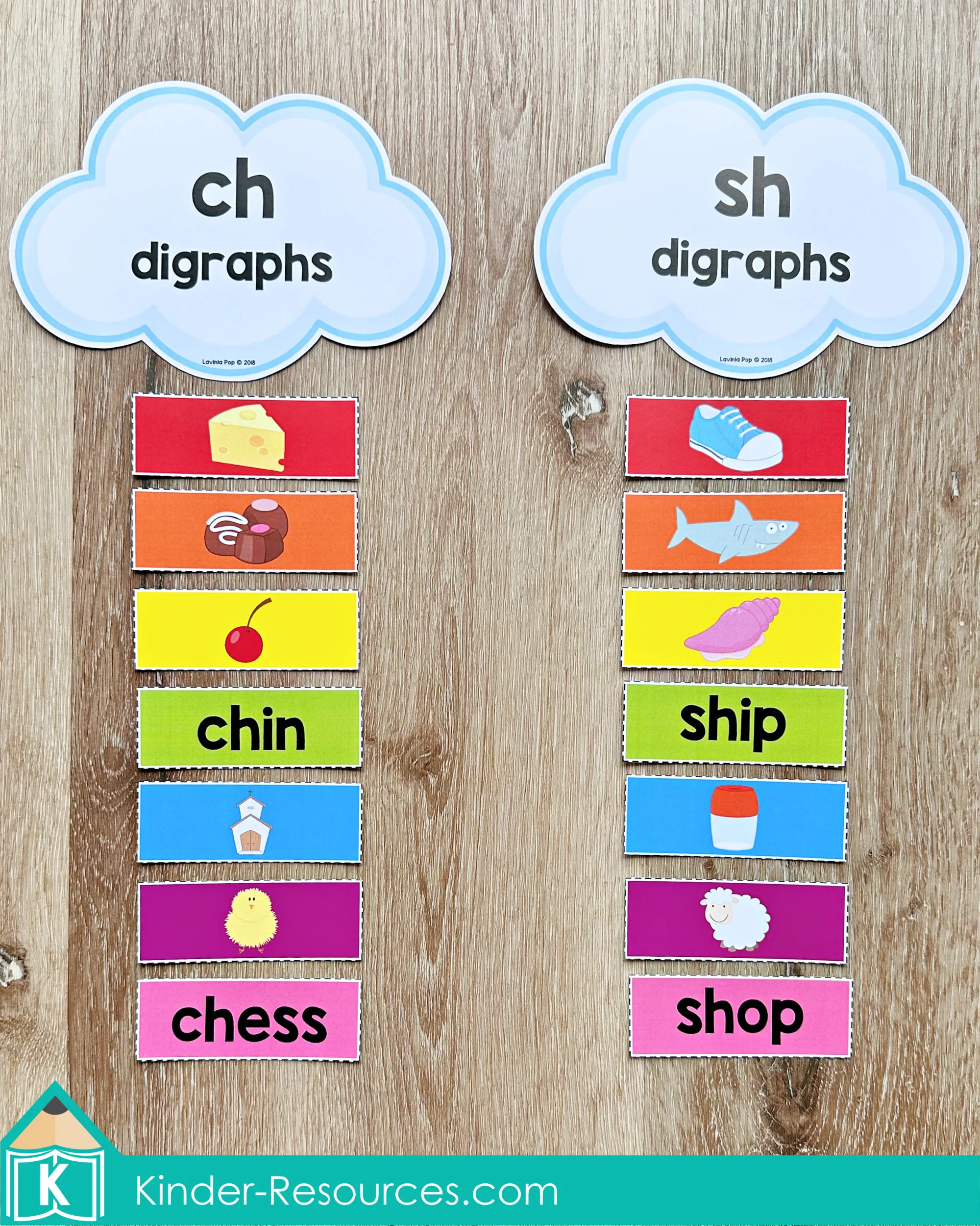 St. Patrick’s Day Digraph Sort ch and sh Kindergarten Literacy Center St. Patrick’s Day Literacy Centers for Kindergarten March Morning Tubs digraph sort with ch and sh word strips including chin, chess, ship, and shop.