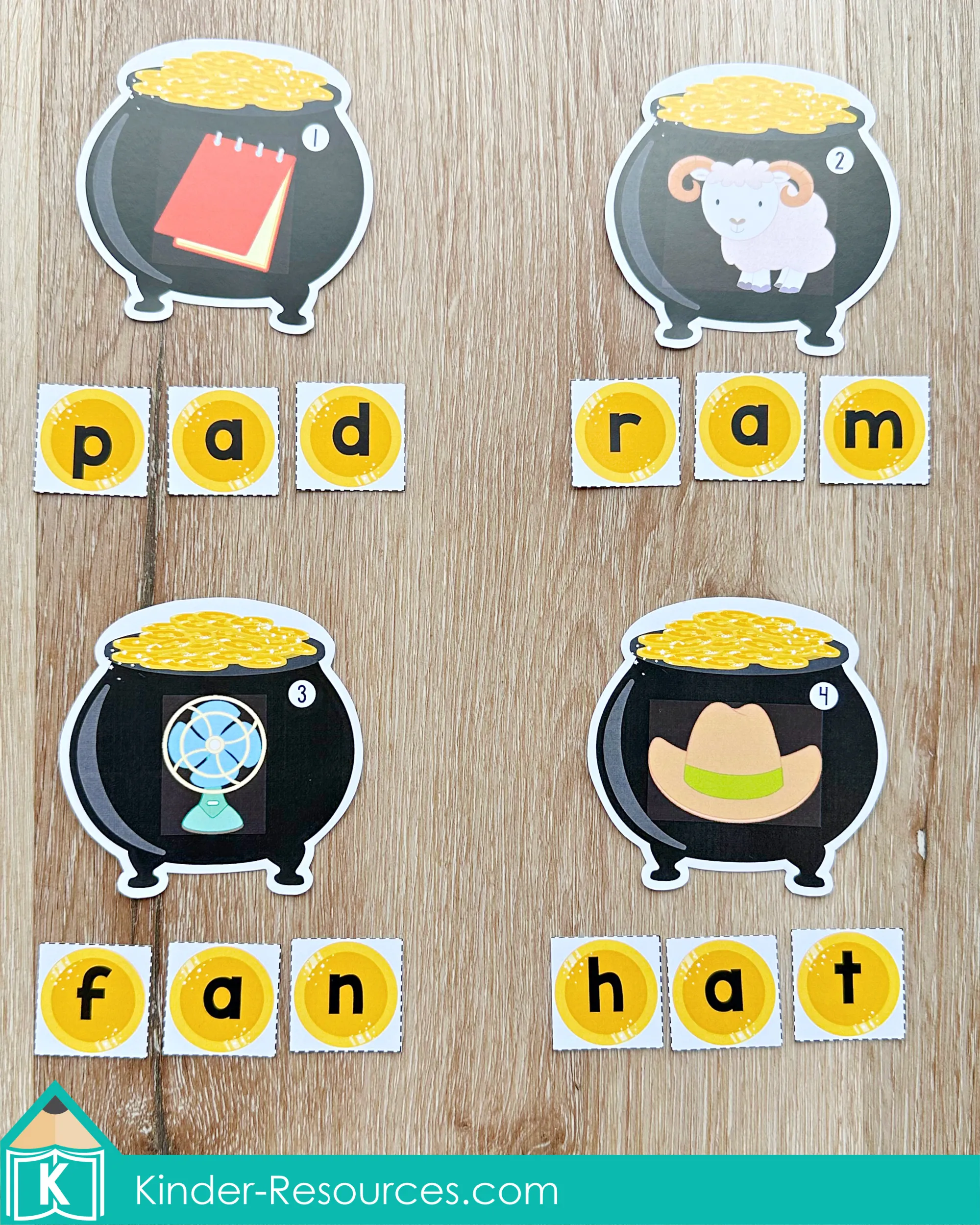 St. Patrick’s Day Unscramble the Sight Word Kindergarten Center St. Patrick’s Day Literacy Centers for Kindergarten March Morning Tubs unscramble the sight word activity with pot of gold mats and letter coin cards spelling pad, ram, fan, and hat.