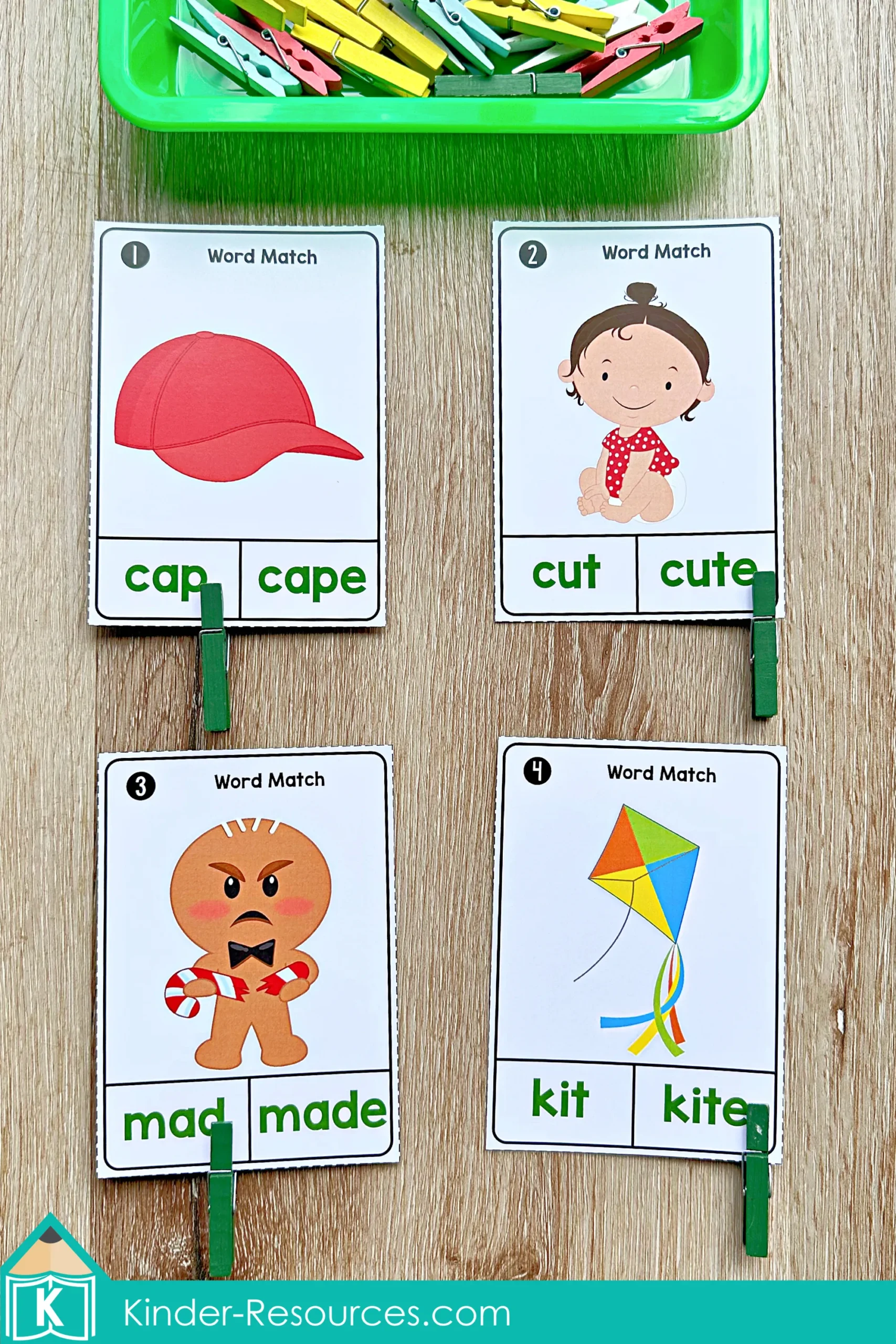 St. Patrick’s Day CVC and CVCe Word Match Clip Cards St. Patrick’s Day Literacy Centers for Kindergarten March Morning Tubs CVC and CVCe word match clip cards with cap and cape, cut and cute, mad and made, kit and kite.