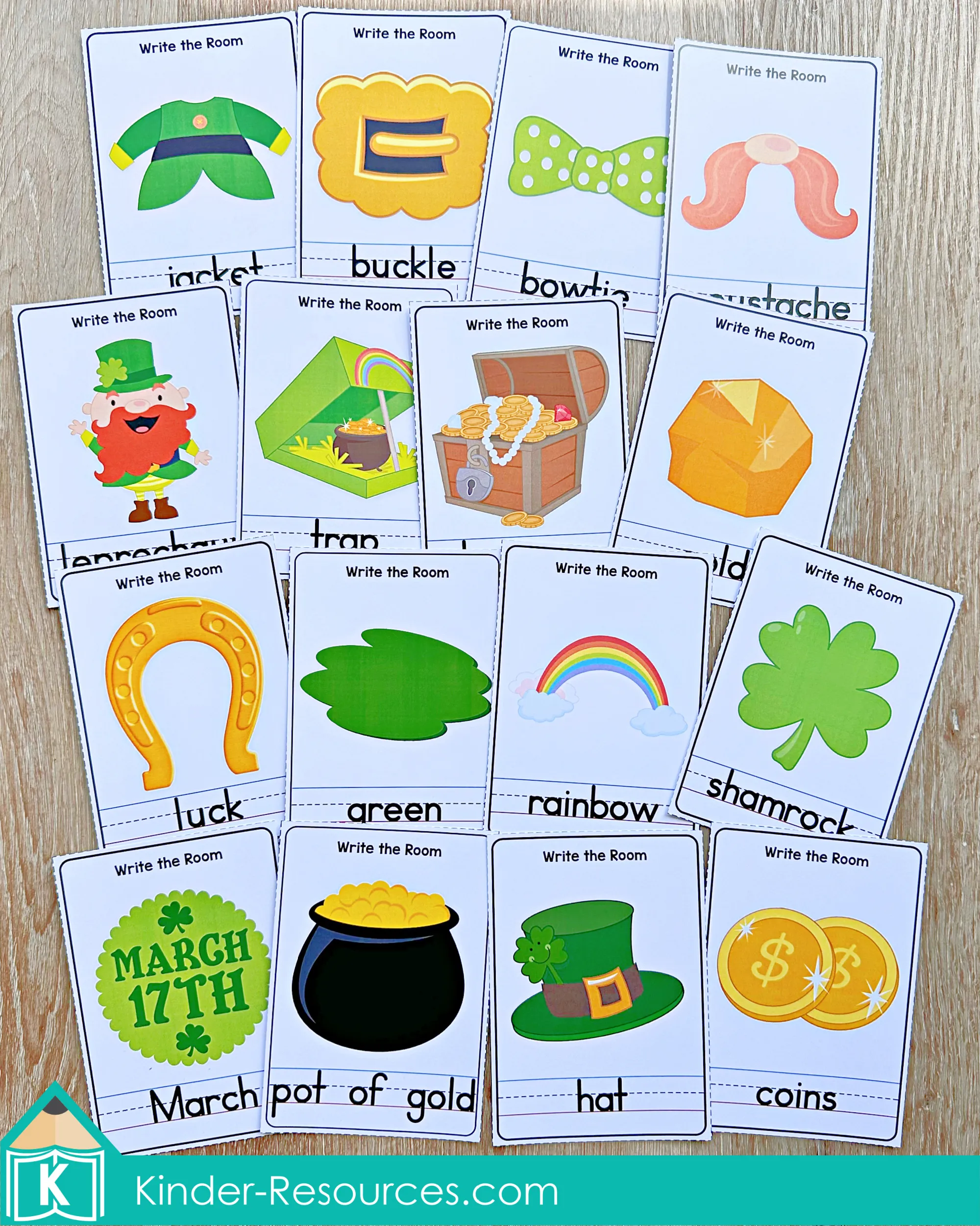 St. Patrick’s Day Write the Room Activity Kindergarten Literacy Centers St. Patrick’s Day Literacy Centers for Kindergarten March Morning Tubs write the room cards with themed vocabulary like rainbow, shamrock, hat, coins, and pot of gold.