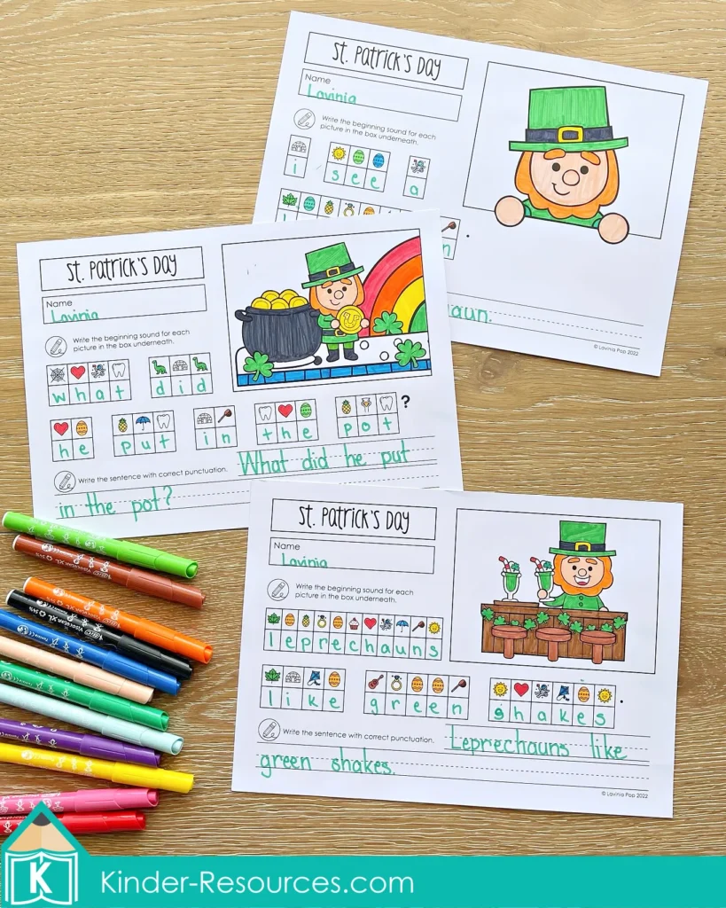 St. Patrick’s Day Secret Sight Word Sentence Worksheets student examples with decoded mystery sentences and written responses using correct punctuation