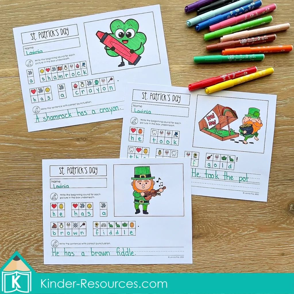 St. Patrick’s Day Secret Sight Word Sentence Worksheets completed by student showing beginning sounds decoding boxes and sentence writing practice pages