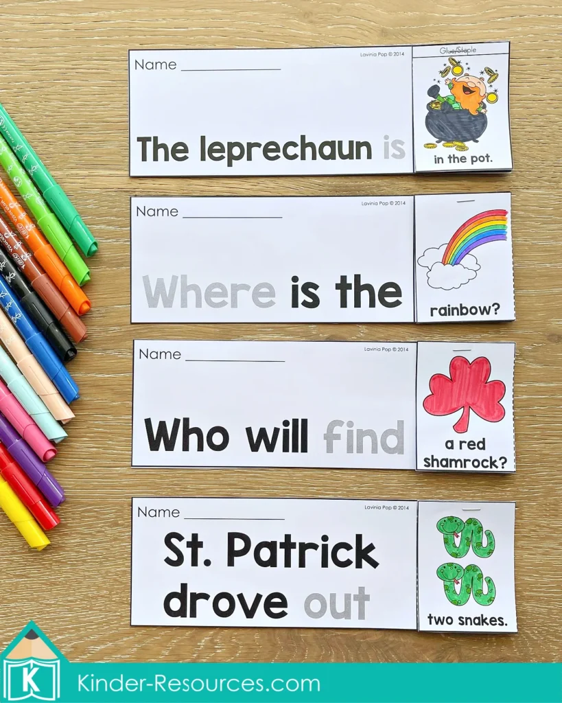St. Patrick’s Day Sight Word Fluency Flip Books assembled booklets with sentences The leprechaun is in the pot, Where is the rainbow, Who will find a red shamrock, and St Patrick drove out two snakes