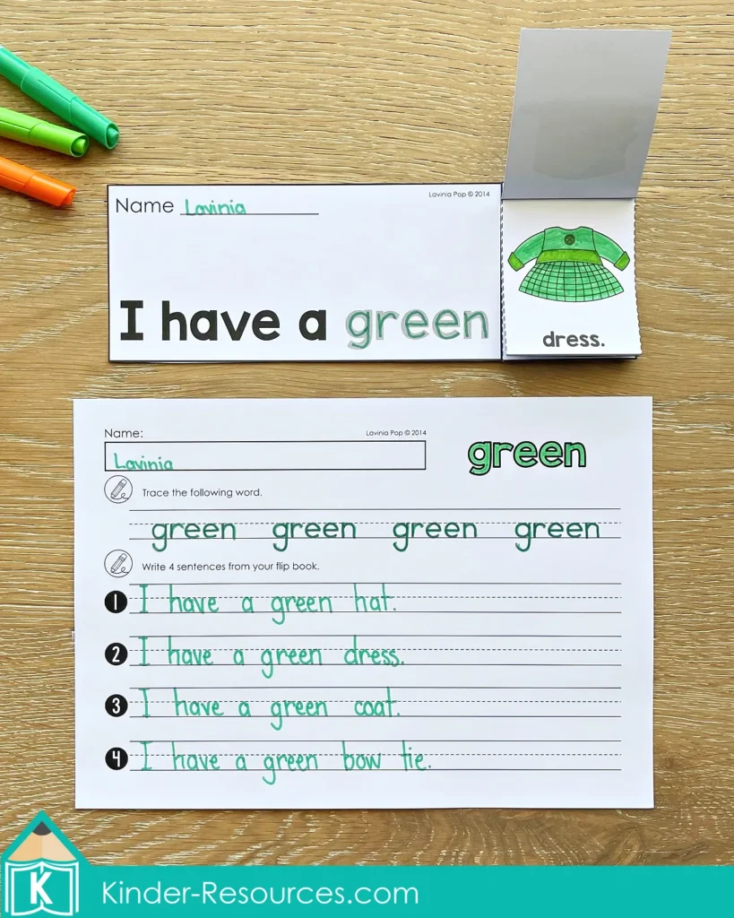 St. Patrick’s Day Sight Word Fluency Flip Books green booklet with sentence I have a green dress and matching recording page for tracing and sentence writing