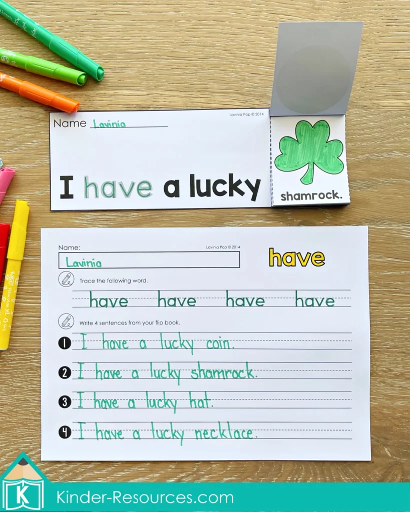 St. Patrick’s Day Sight Word Fluency Flip Books have booklet with sentence I have a lucky shamrock and recording page with four written sentences for fluency practice