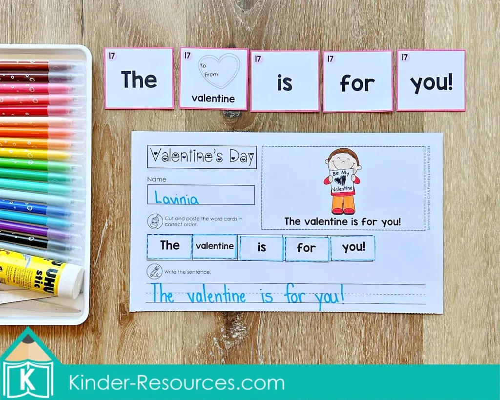 Sentence Scramble Activity Valentine’s Day cut and paste sentence worksheet with valentine box picture and writing lines