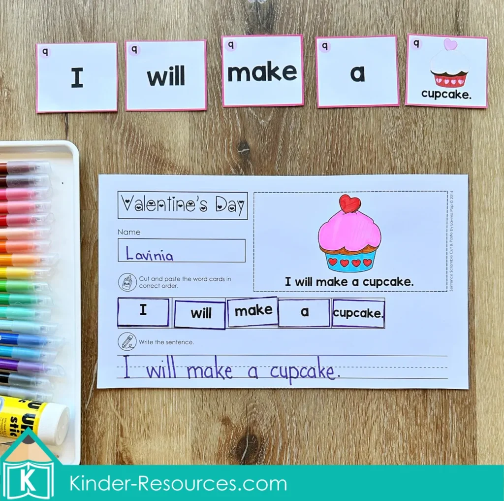 Sentence Scramble Activity Valentine’s Day cut and paste sentence cards and worksheet for I will make a cupcake