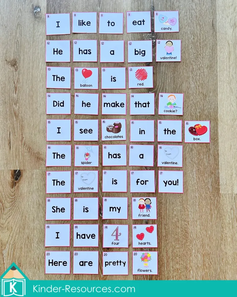 Sentence Scramble Activity Valentine’s Day pocket chart cards with simple Valentine themed sentences