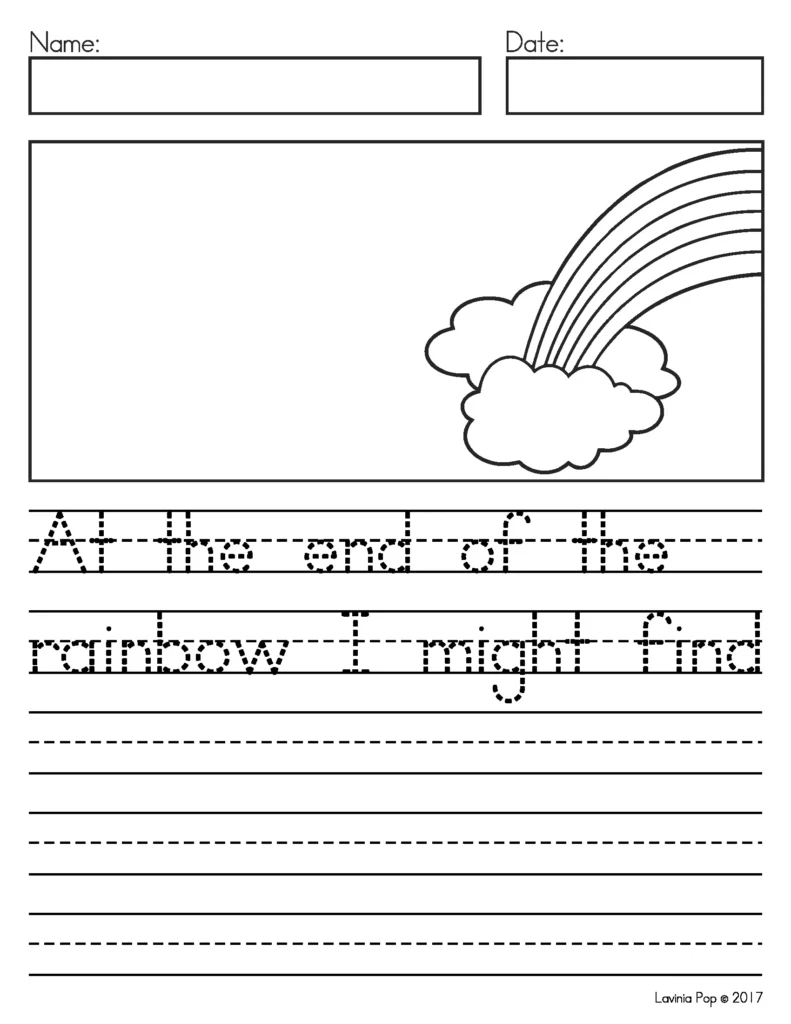 March Writing Journal Prompts narrative writing worksheet with rainbow picture and sentence starter