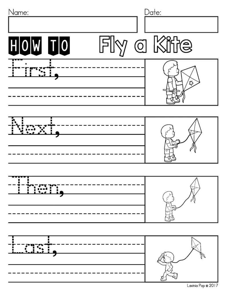 March Writing Journal Prompts procedural writing worksheet showing steps for flying a kite with picture support