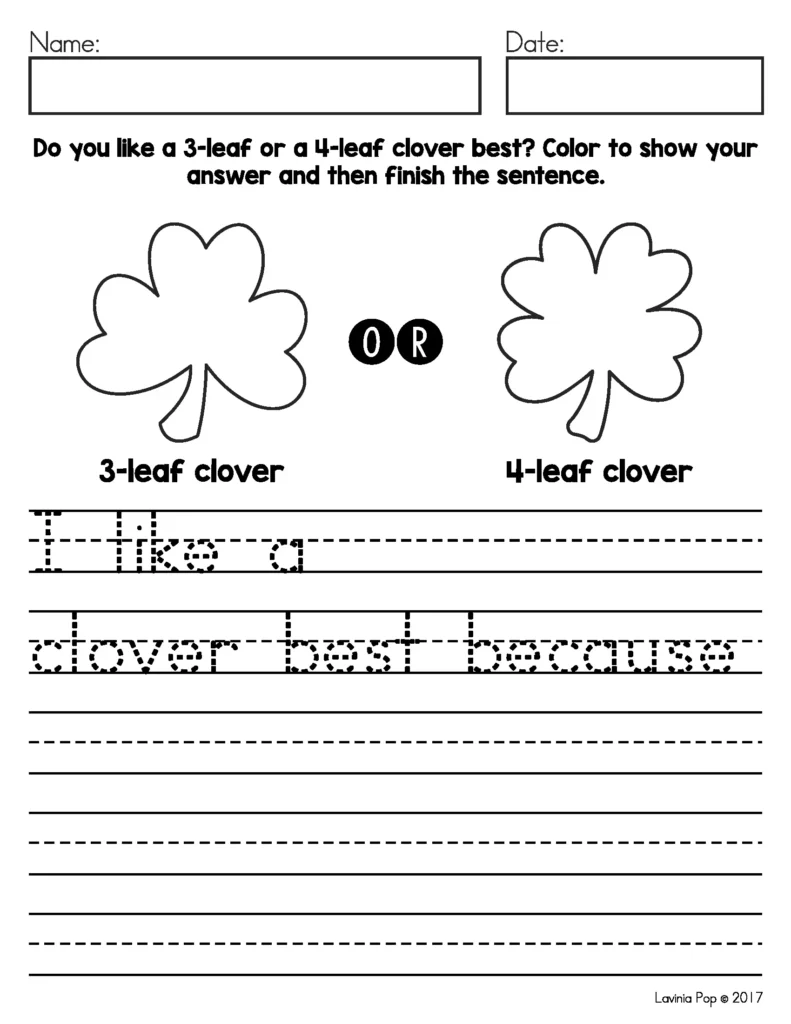 March Writing Journal Prompts opinion writing worksheet comparing three leaf and four leaf clover choices