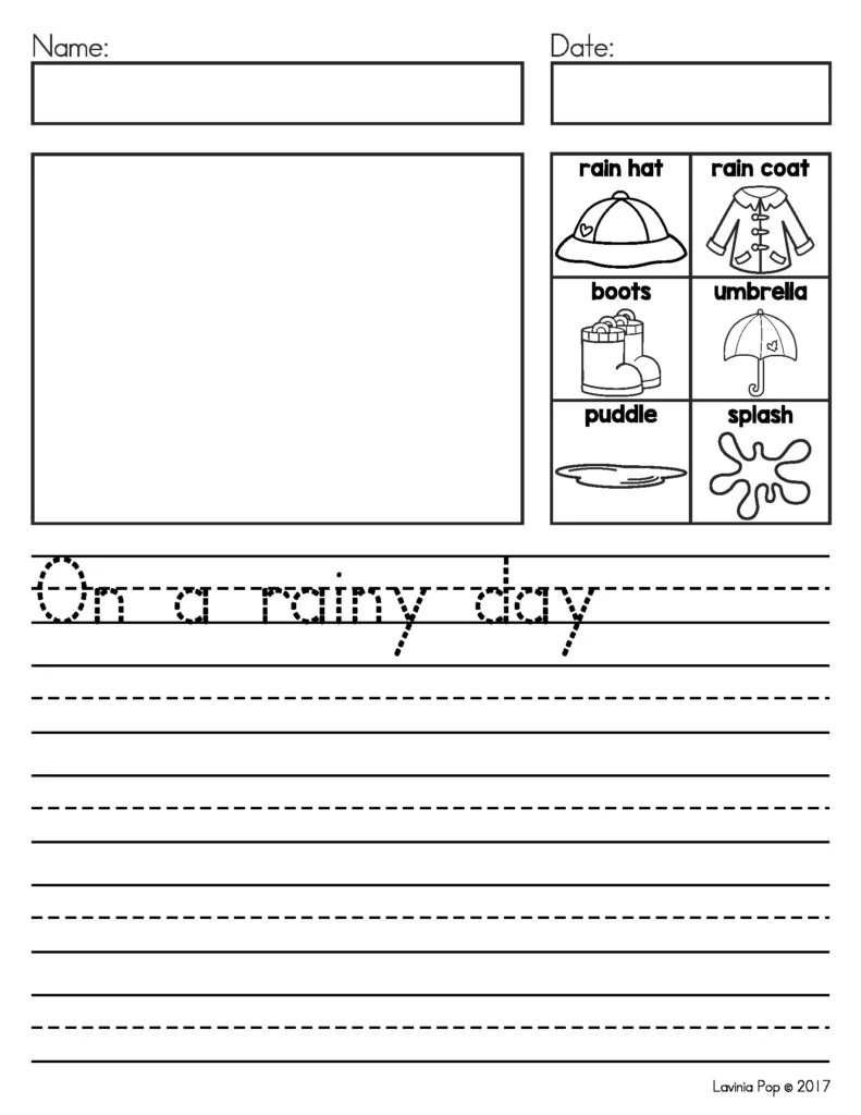 March Writing Journal Prompts rainy day sentence starter worksheet with rain vocabulary and writing lines