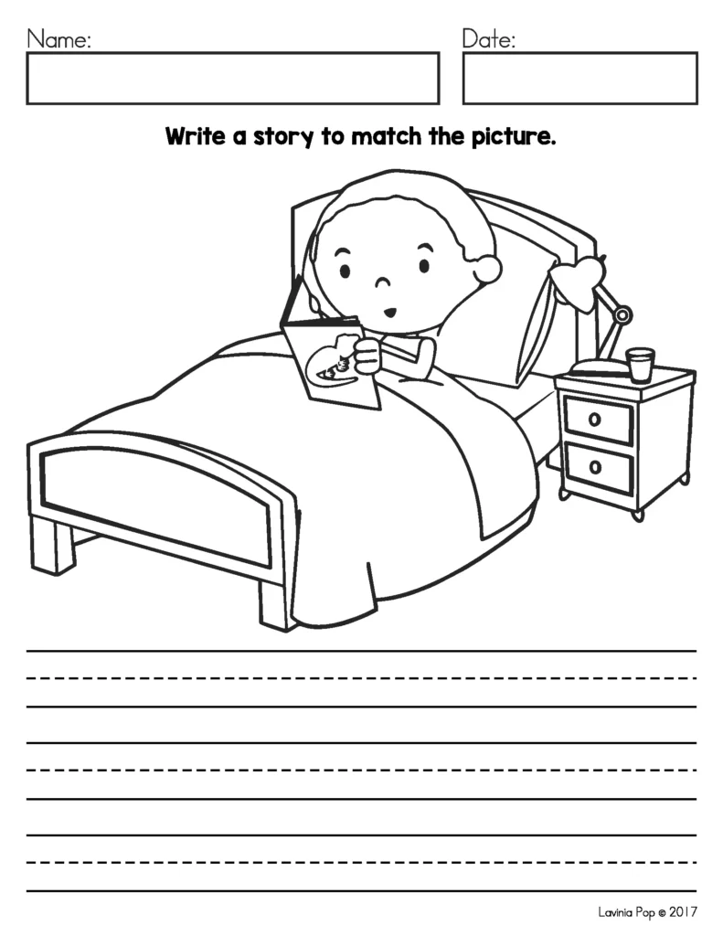 March Writing Journal Prompts narrative writing worksheet with child reading in bed and blank writing lines