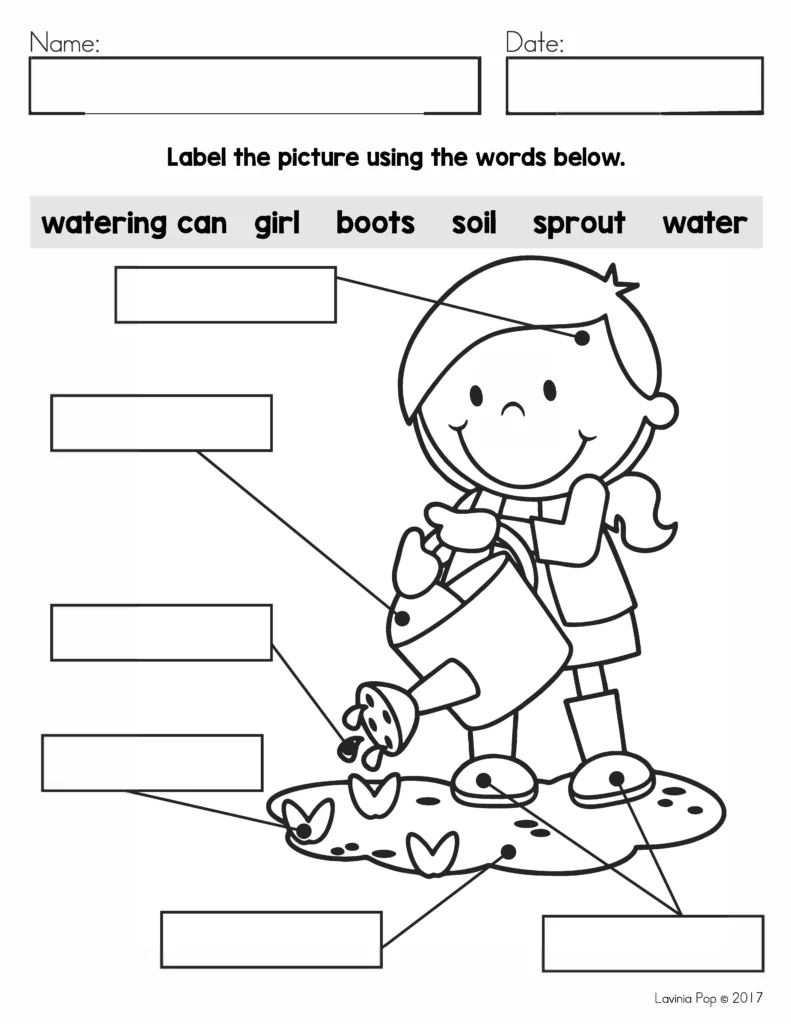 March Writing Journal Prompts labeling worksheet with girl watering plant and vocabulary words for labeling