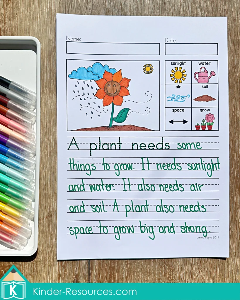 April Writing Journal Prompts plant needs writing worksheet with labeled picture and sentence writing about sunlight water air soil