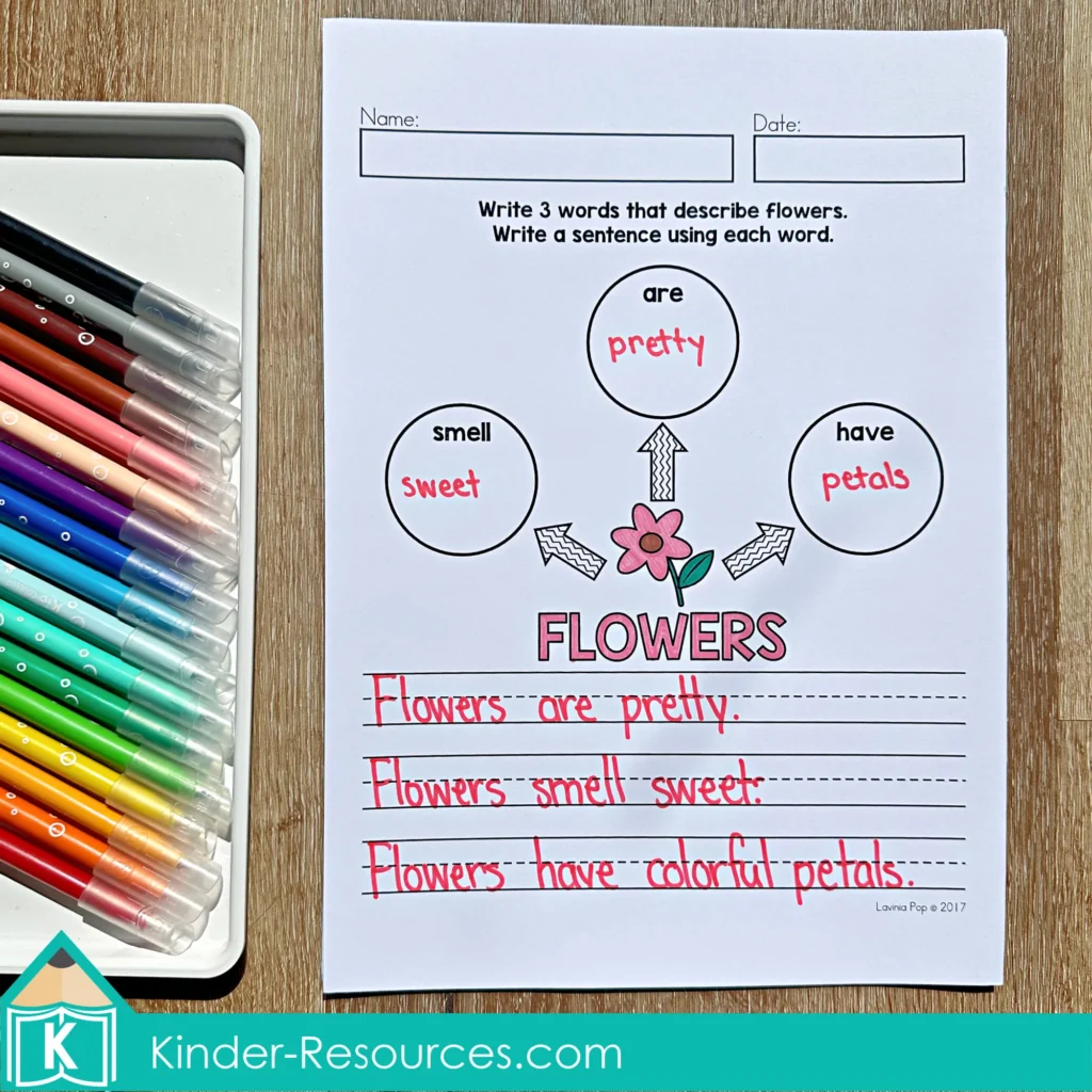 April Writing Journal Prompts describing flowers worksheet with words pretty sweet petals and sentence writing