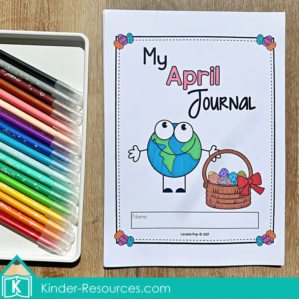 April Writing Journal Prompts journal cover with Earth character and Easter basket for kindergarten and first grade writing journal