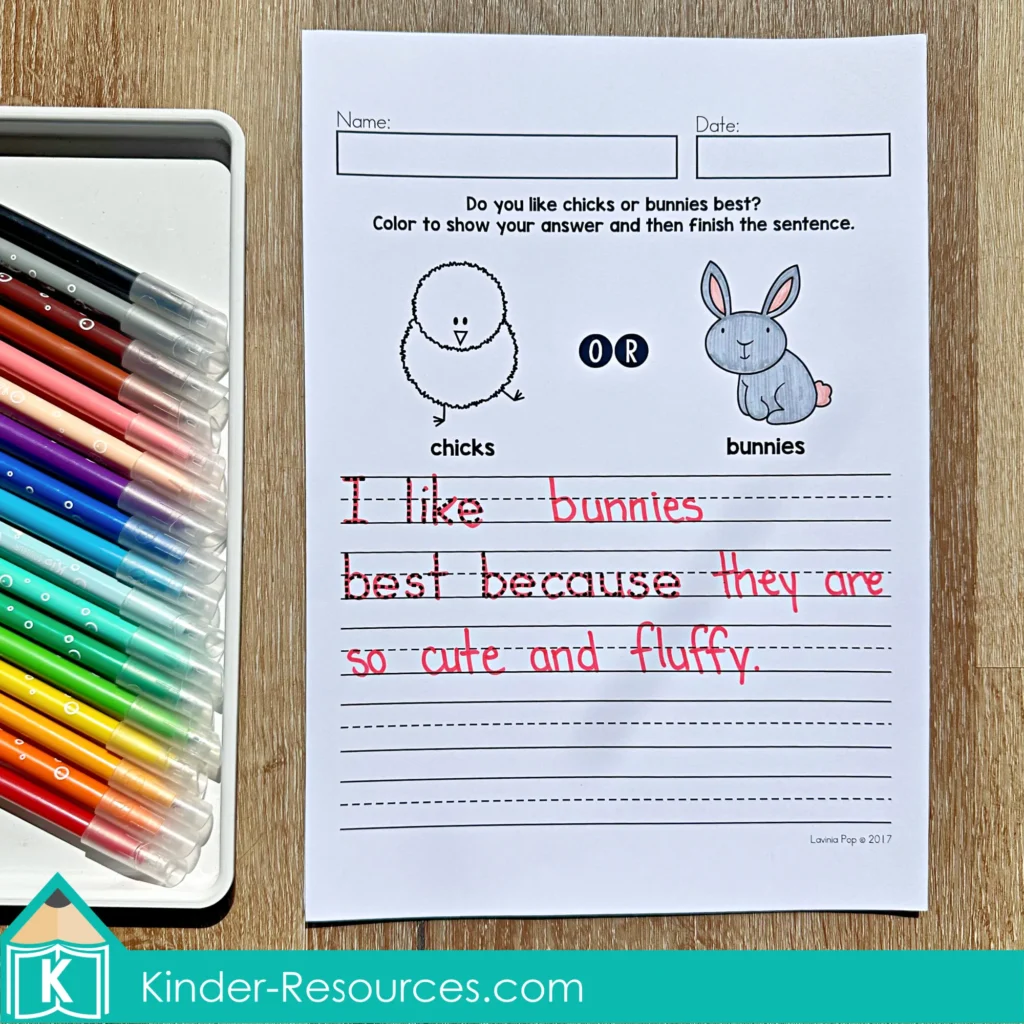 April Writing Journal Prompts opinion writing worksheet chicks or bunnies best sentence writing activity